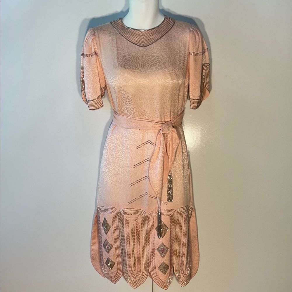 SAKOWITZ SZ10 Vintage Pink Silk Designer Beaded Dress 60's Formal 1920s inspired